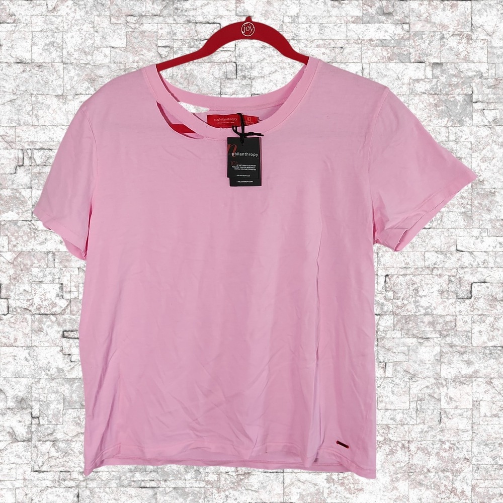 n:philanthropy Womens Distressed T Shirt Pink Cotton Short Sleeve Basic Tee L